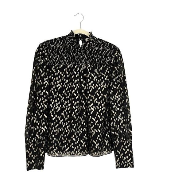 Milly Vicky Gold Metallic Dot Clip Blouse Smocked Black Sz S Cocktail Party Top - Picture 2 of 12
